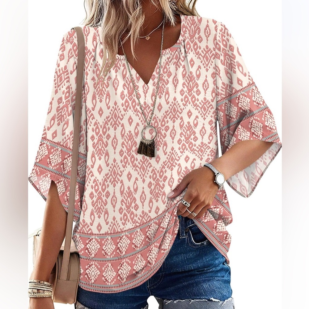 Boho Pink Print Top Flowy Summer Blouse XL New - Picture 2 of 3